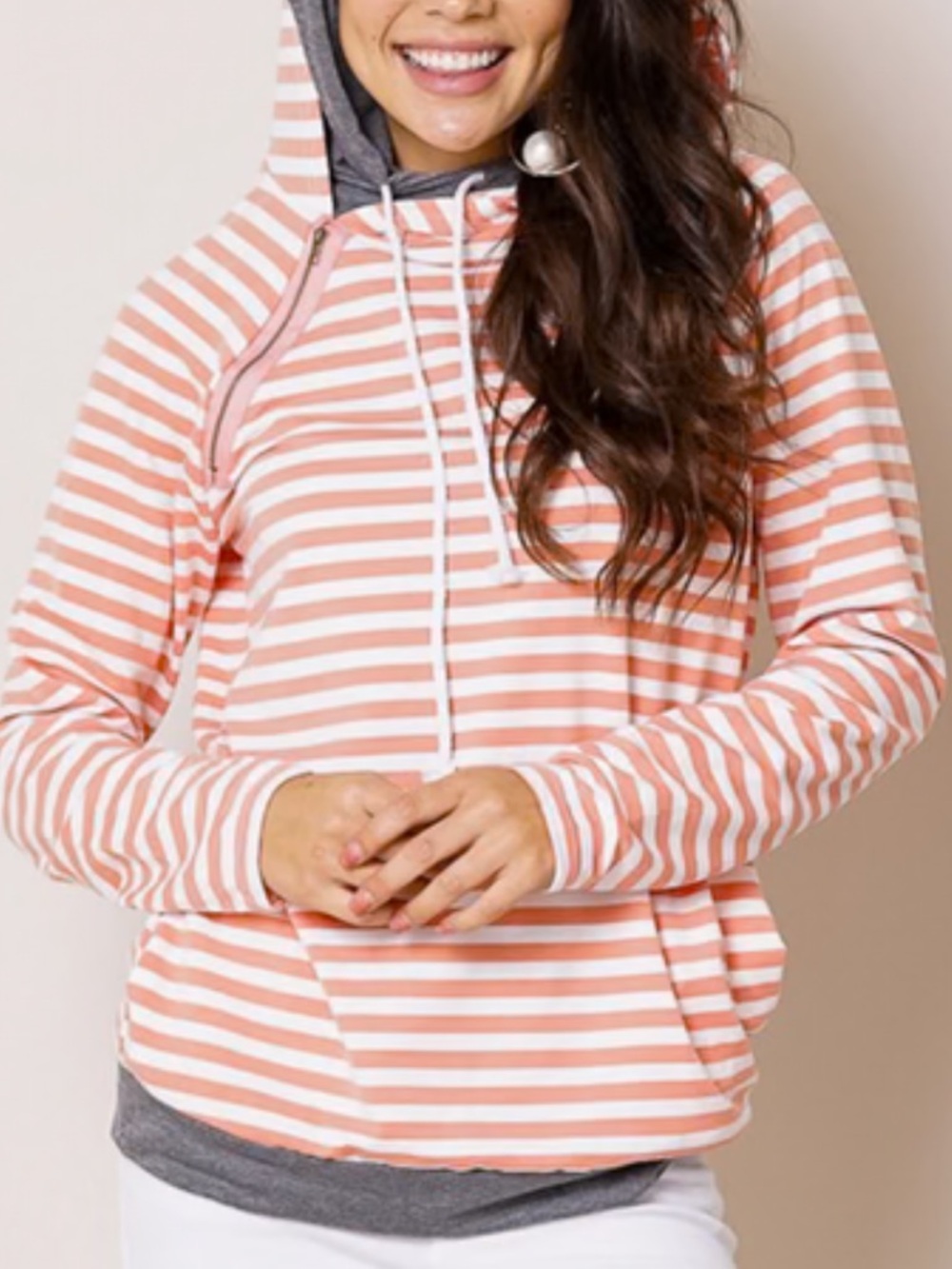 AMPERSAND AVE Pink and Gray Striped Hoodie